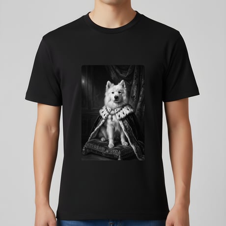 犬（サモエド）半袖Tシャツ ルネサンス風モノクロアート ブラック 男女兼用