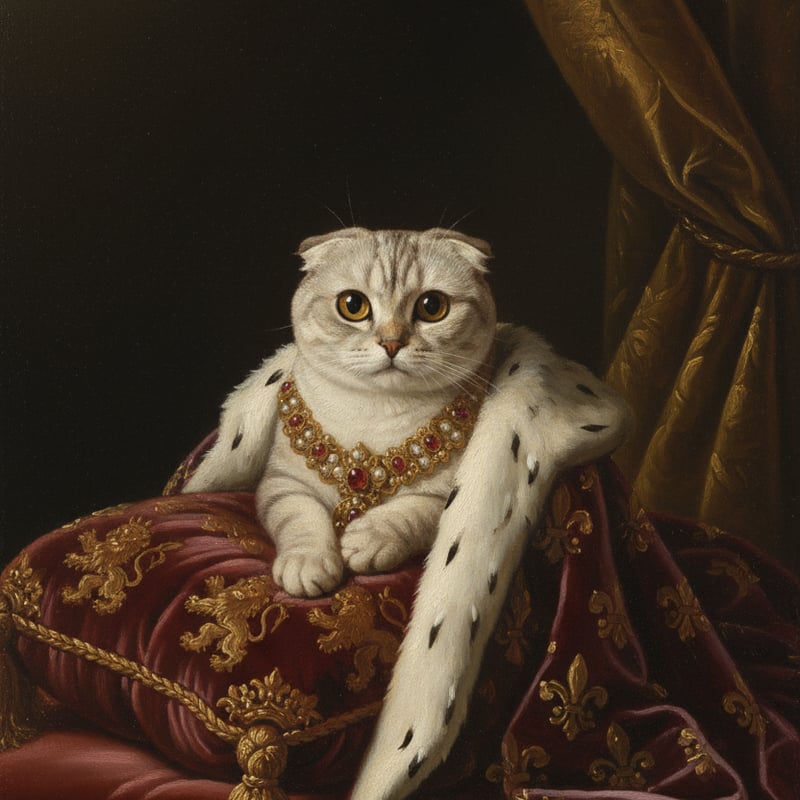 Smile　トランペットを持つ猫の絵 猫（スコティッシュフォールド）のルネサンス風肖像画 A4額装