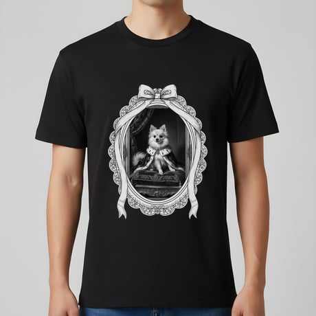 犬（ポメラニアン）半袖Tシャツ ルネサンス風モノクロアート ブラック 男女兼用