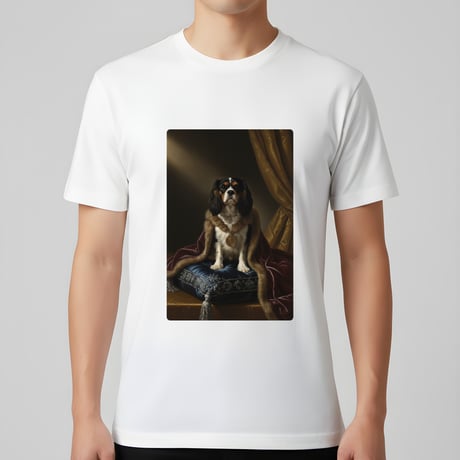 犬（キャバリア）半袖Tシャツ ルネサンス風カラーアート ホワイト 男女兼用