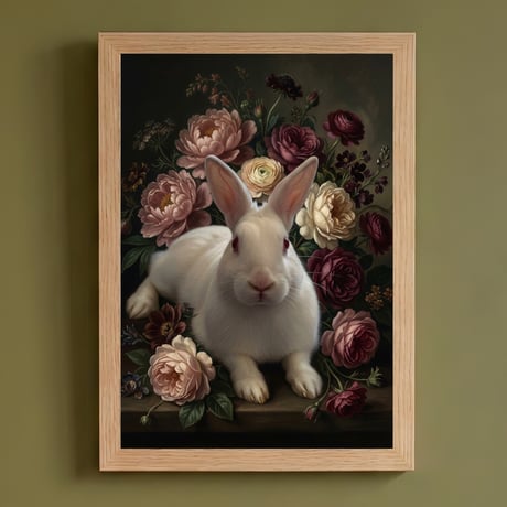 うさぎ（ニュージーランドホワイト）の花の油絵風アート A4額装インテリア壁掛け