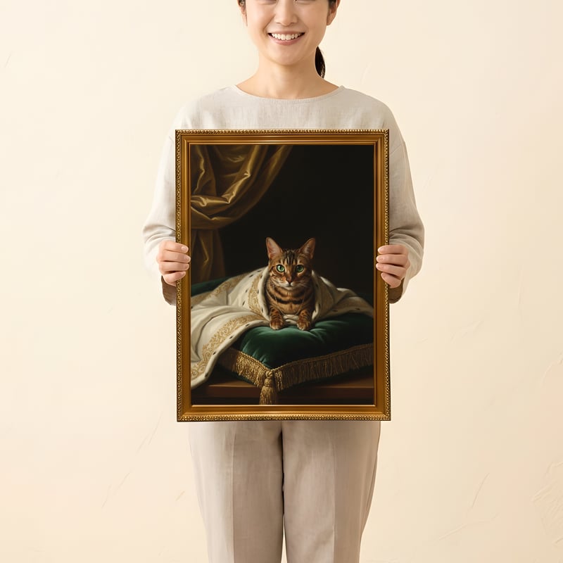 田中坦三 猫 アンティーク 直筆 骨董 色紙 額付き 壁掛け 猫（ベンガル）のルネサンス風肖像画 油絵風アートA3額装インテリア