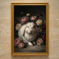 うさぎ（フレンチアンゴラ）の花に囲まれた油絵風アート A3額装インテリア壁掛け