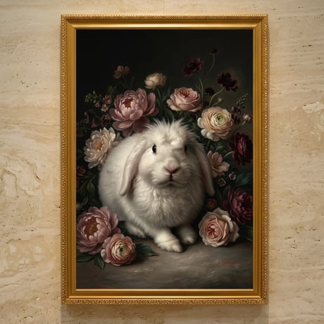 うさぎ（フレンチアンゴラ）の花に囲まれた油絵風アート A3額装インテリア壁掛け