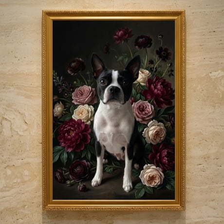 犬（ボストンテリア）の花に囲まれた油絵風アート A3額装インテリア壁掛け
