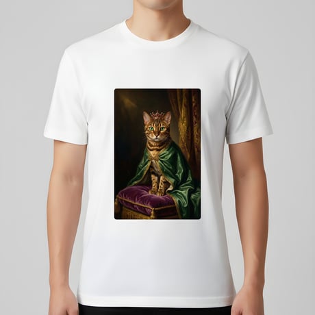 猫（ベンガル）半袖Tシャツ ルネサンス風カラーアート ホワイト 男女兼用