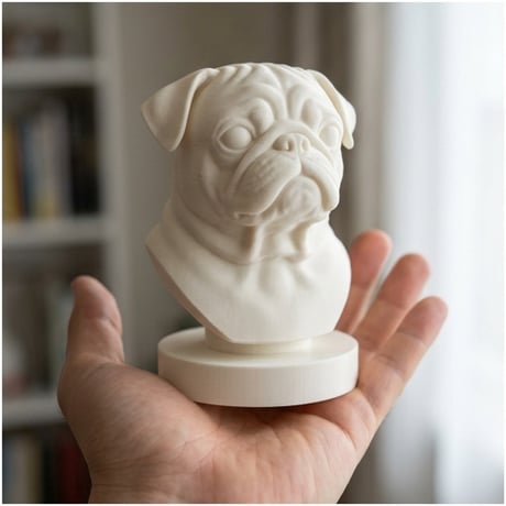 犬（パグ）の3Dプリント胸像 白PLA 彫刻 置物 インテリア