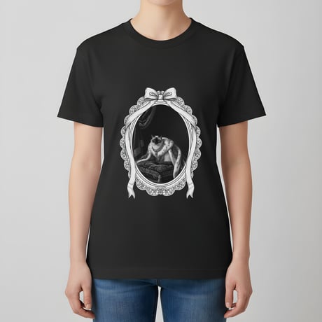 猫（バリニーズ）半袖Tシャツ ルネサンス風モノクロアート ブラック 男女兼用