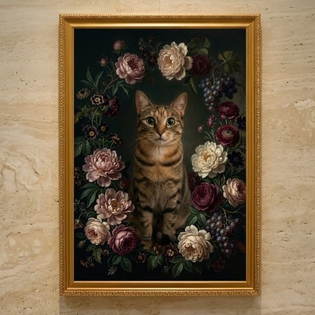 猫の花に囲まれた油絵風アート A3額装インテリア壁掛け