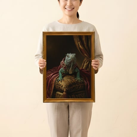イグアナ（ブルーイグアナ）のルネサンス風肖像画 A3額装インテリア壁掛け