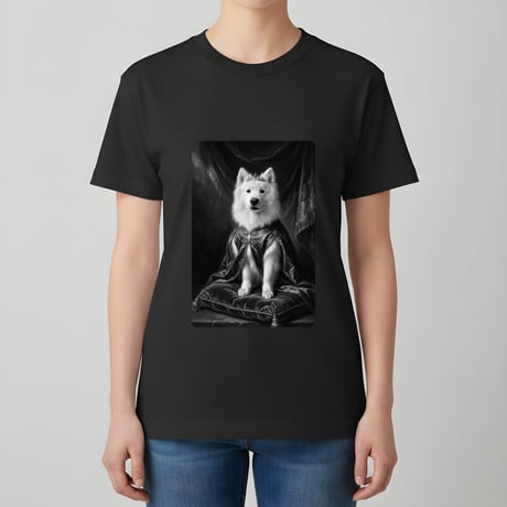 犬（サモエド）半袖Tシャツ ルネサンス風モノクロアート ブラック 男女兼用