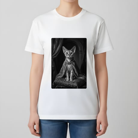 猫（デボンレックス）半袖Tシャツ ルネサンス風モノクロアート ホワイト 男女兼用