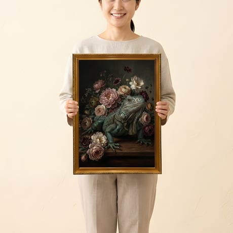 イグアナ（ブルーイグアナ）の花に囲まれた油絵風アート A3額装インテリア壁掛け