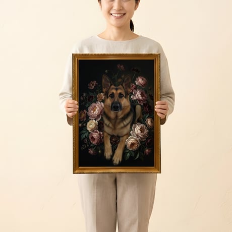 犬（ジャーマンシェパード）の花に囲まれた油絵風アート A3額装インテリア壁掛け