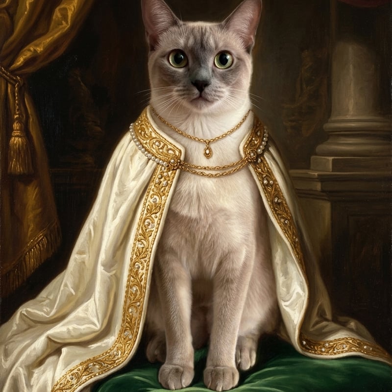 猫（バーミーズ）のルネサンス風肖像画 油絵風アートA4額装インテリア