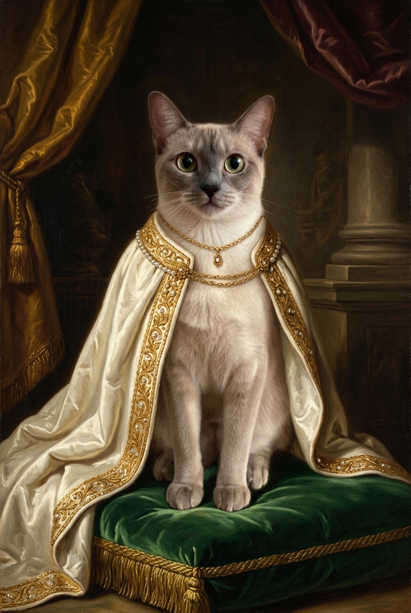 猫（バーミーズ）のルネサンス風肖像画 油絵風アートA4額装インテリア