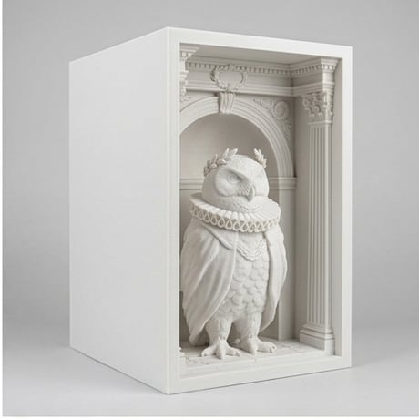 シロフクロウの3Dプリント ブックヌーク 白PLA 本棚インテリア
