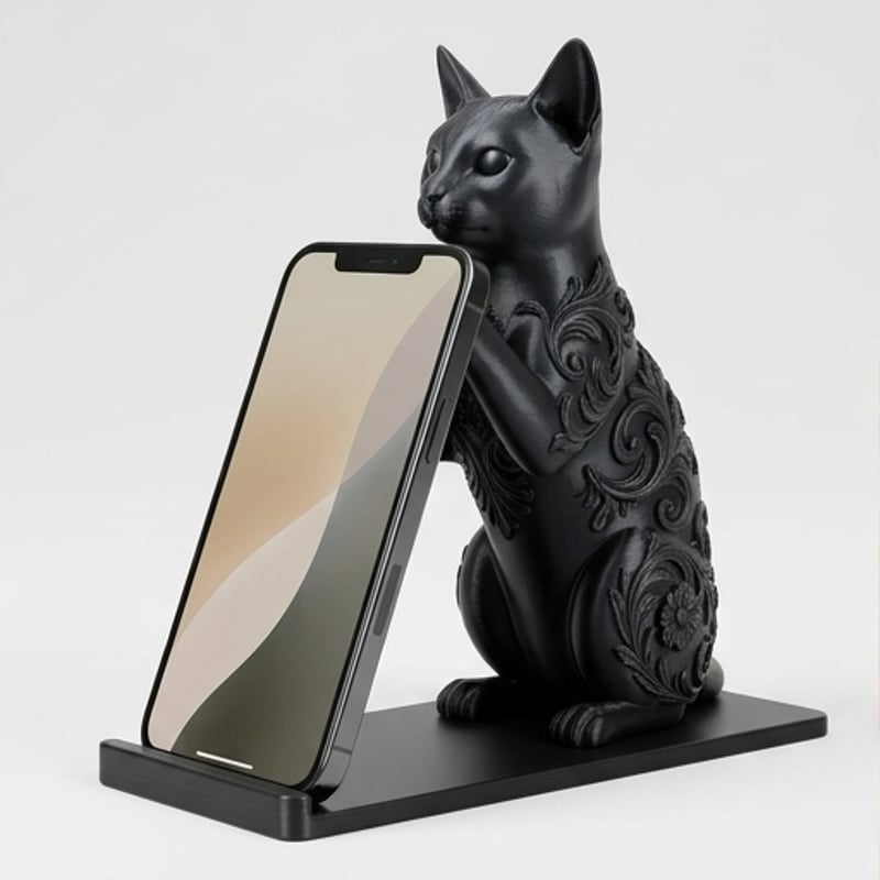 猫（ロシアンブルー）のスマホスタンド 卓上 シルクブラック | うちの