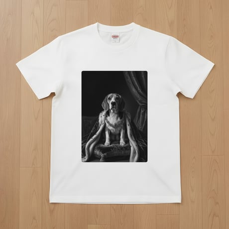 犬（ビーグル）半袖Tシャツ ルネサンス風モノクロアート ホワイト 男女兼用