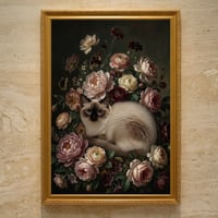 猫（バリニーズ）の花に囲まれた油絵風アート A3額装インテリア壁掛け