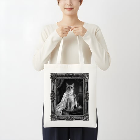 猫（バーミーズ）トートバッグ ルネサンス風モノクロアート 額縁デザイン