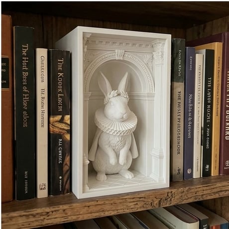 うさぎ（ハーレクイン）の3Dプリント ブックヌーク 白PLA 本棚インテリア