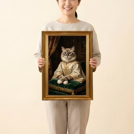 猫（ラグドール）のルネサンス風肖像画 油絵風アートA3額装インテリア壁掛け