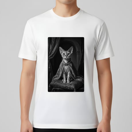 猫（デボンレックス）半袖Tシャツ ルネサンス風モノクロアート ホワイト 男女兼用