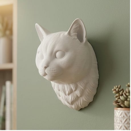 猫（シャルトリュー）の壁掛けレリーフ 3Dプリント 白PLA インテリア