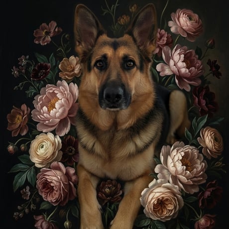 犬（ジャーマンシェパード）の花に囲まれた油絵風アート A3額装インテリア壁掛け