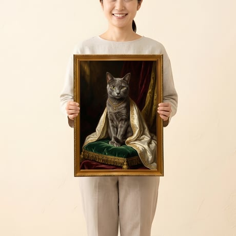 猫（シャルトリュー）のルネサンス風肖像画 油絵風アートA3額装インテリア壁掛け