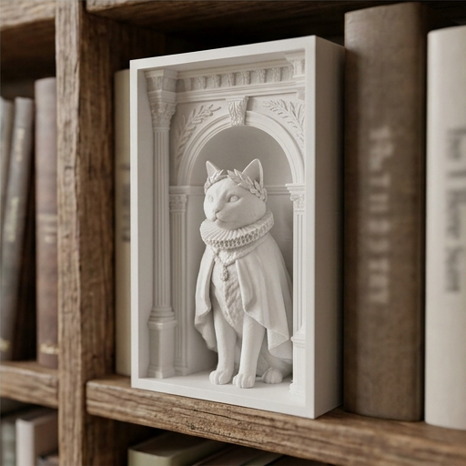 猫（シャルトリュー）の3Dプリント ブックヌーク 白PLA 本棚インテリア