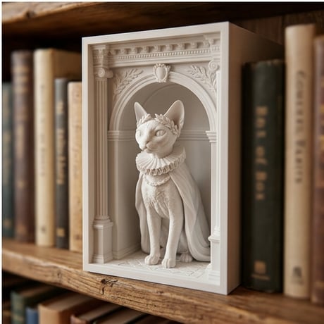 猫（デボンレックス）の3Dプリント ブックヌーク 白PLA 本棚インテリア
