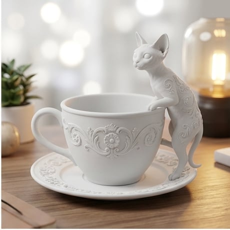 猫（デボンレックス）のアクセサリートレイ 小物入れ マットホワイト