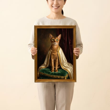 猫（アビシニアン）のルネサンス風肖像画 油絵風アートA3額装インテリア壁掛け
