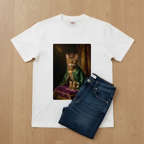 猫（ベンガル）半袖Tシャツ ルネサンス風カラーアート ホワイト 男女兼用