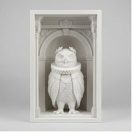 シロフクロウの3Dプリント ブックヌーク 白PLA 本棚インテリア