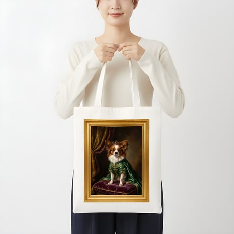 犬（パピヨン）トートバッグ ルネサンス風カラーアート 金縁フレーム