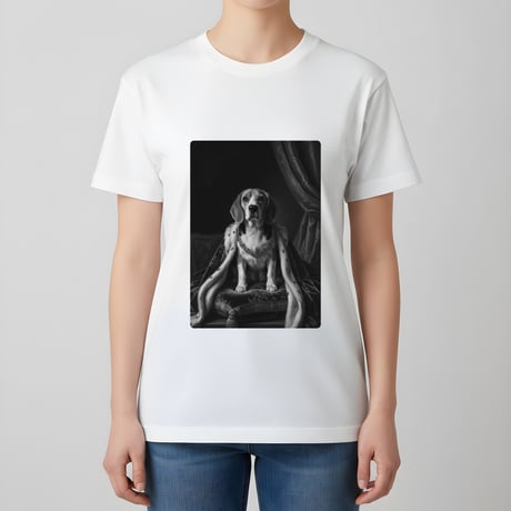 犬（ビーグル）半袖Tシャツ ルネサンス風モノクロアート ホワイト 男女兼用