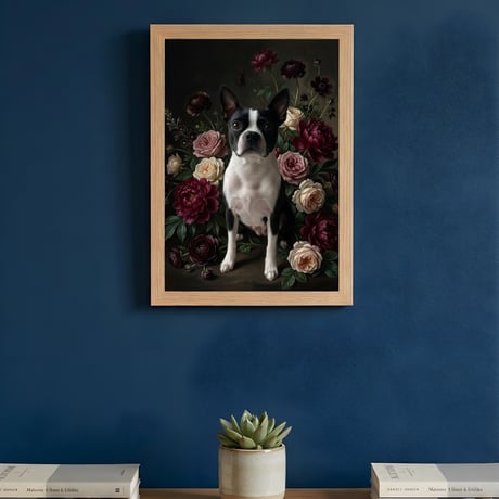 犬（ボストンテリア）の花に囲まれた油絵風アート A4額装インテリア壁掛け