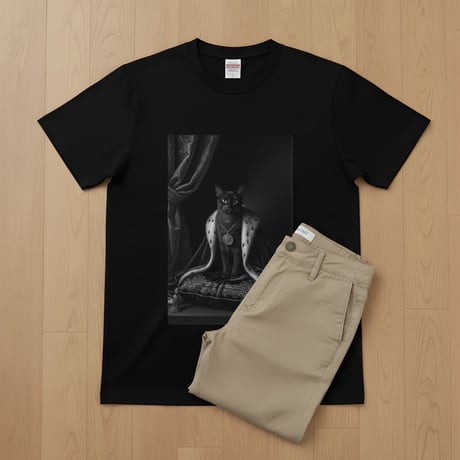 猫（バーミーズ）半袖Tシャツ ルネサンス風モノクロアート ブラック 男女兼用