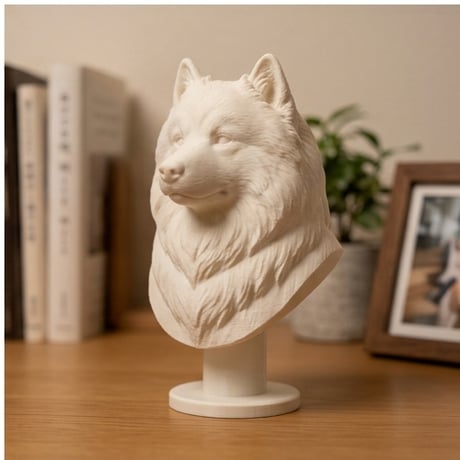 犬（サモエド）の3Dプリント胸像 白PLA 彫刻 置物 インテリア