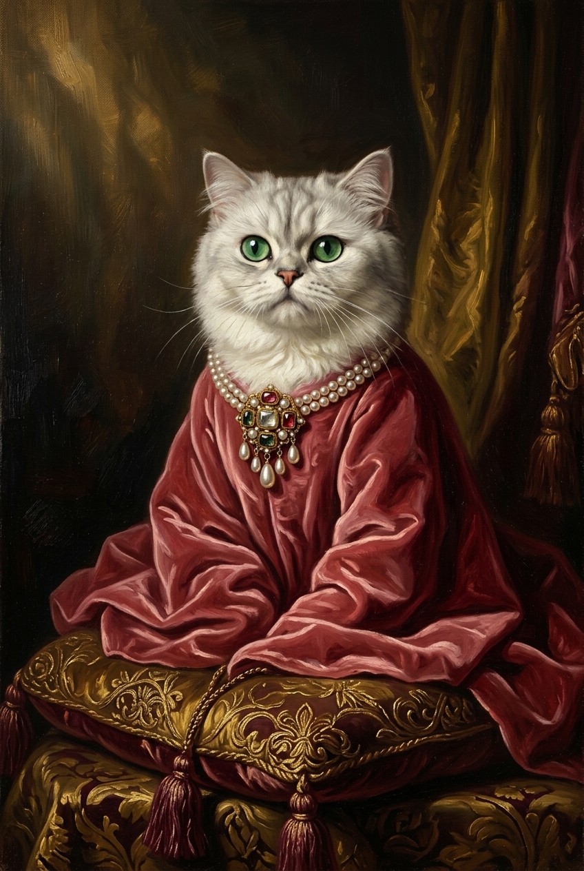 猫（チンチラペルシャ）のルネサンス風肖像画 油絵風アートA3額装