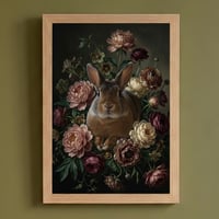 うさぎ（ミニレッキス）の花に囲まれた油絵風アート A4額装インテリア壁掛け