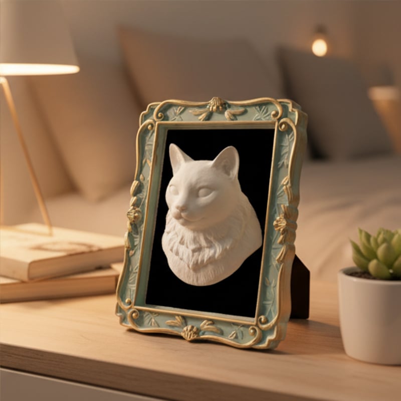 猫（ロシアンブルー）の壁掛けレリーフ 3Dプリント 白PLA インテリア