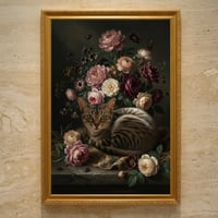 猫（アメリカンショートヘア）の花に囲まれた油絵風アート A3額装インテリア壁掛け