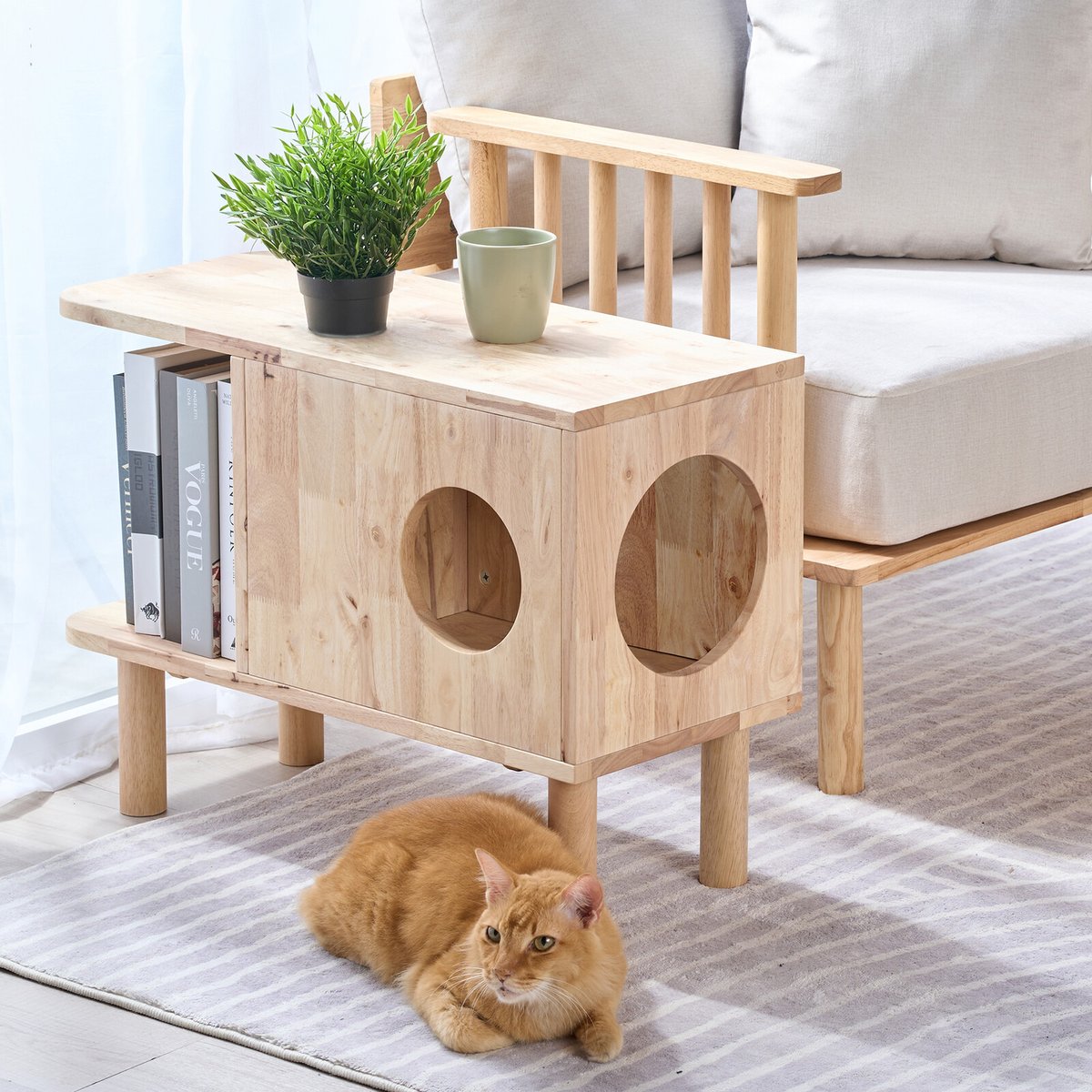 北欧風３ＷＡＹサイドテーブル幅70cm 無垢材 キャットハウス 収納（81） マルチサイドテーブル 木製 天然木 収納付き キャットハウス 猫ベッド