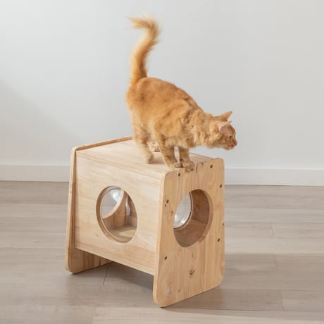 NATURAL SIGNATURE キャットキューブ 木製 猫ハウス 透明ボウル付き 猫ベッド サイドテーブル キャットタワー スツール オットマン おしゃれ ナチュラル 猫家具
