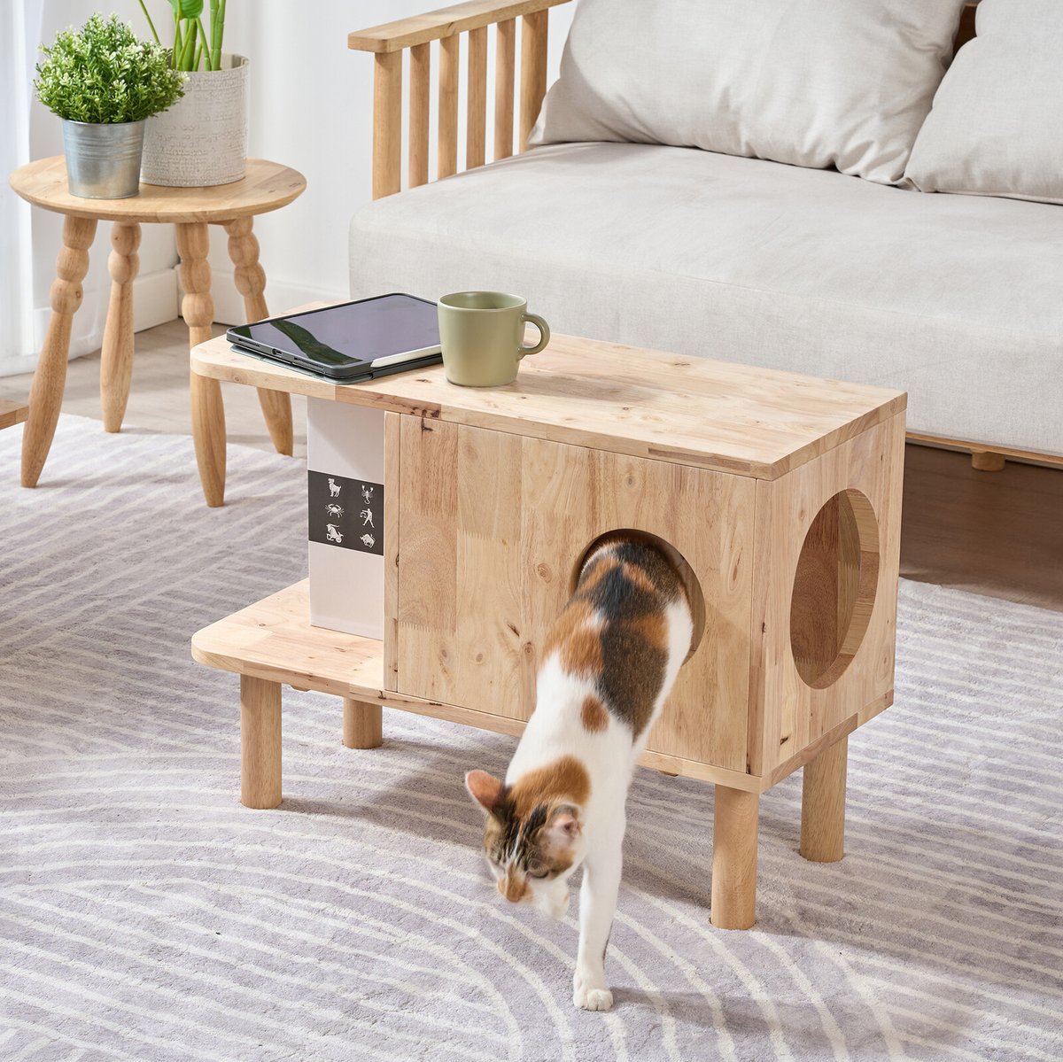 マルチサイドテーブル 木製 天然木 収納付き キャットハウス 猫ベッド
