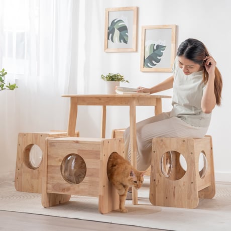 NATURAL SIGNATURE キャットキューブ 木製 猫ハウス 透明ボウル付き 猫ベッド サイドテーブル キャットタワー スツール オットマン おしゃれ ナチュラル 猫家具
